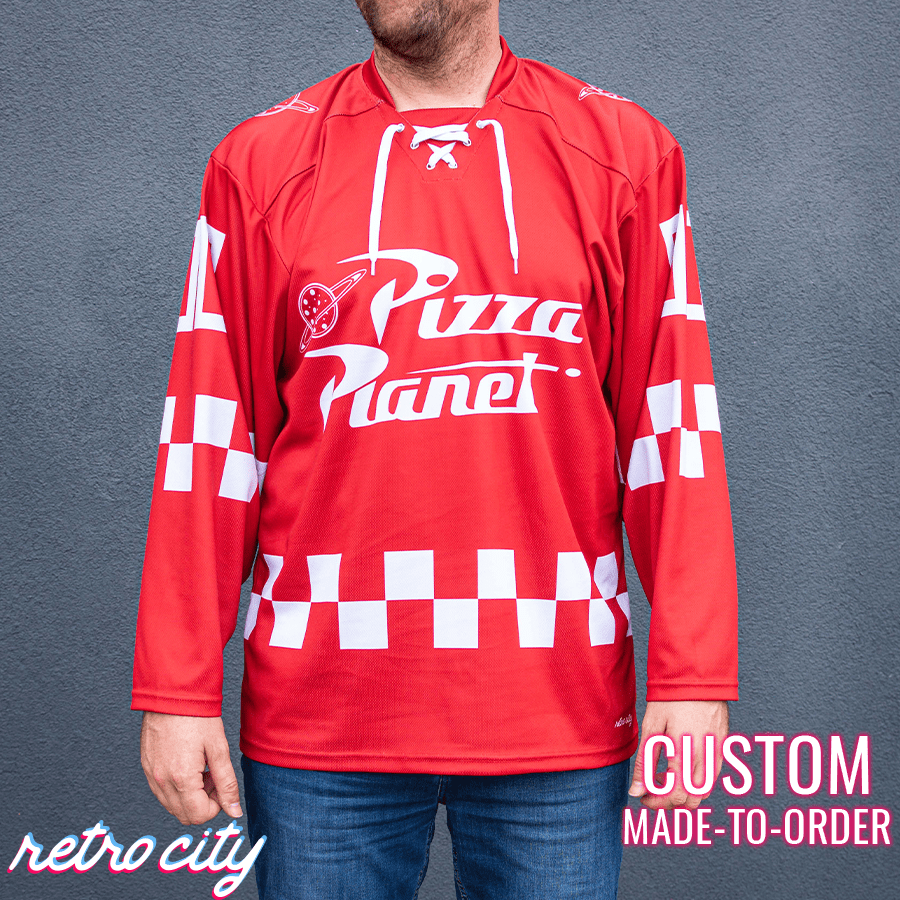 Pizza Planet Hockey Fan Jersey (Red) by Retro City Threads