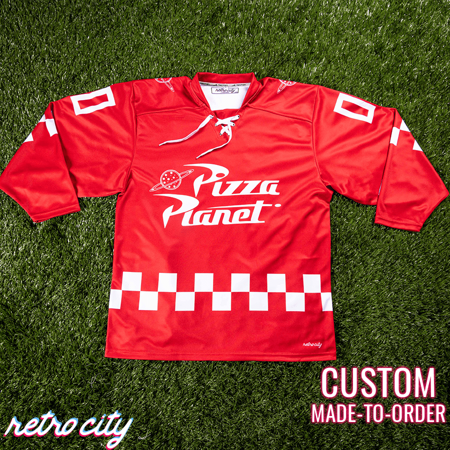 Pizza Planet Hockey Fan Jersey (Red) by Retro City Threads