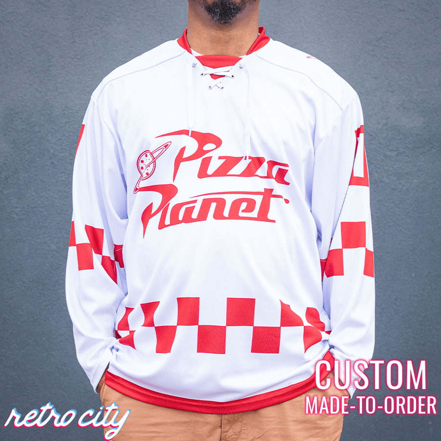 Pizza Planet Hockey Fan Jersey (White) by Retro City Threads